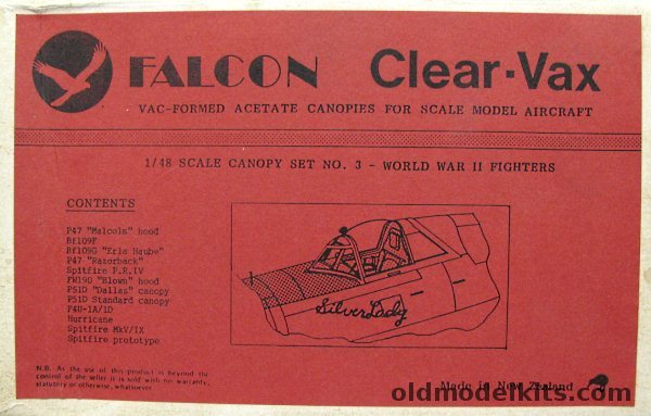 Falcon 1/48 Clear-Vax 1/48 Upgrade Canopies - P-47 Malcolm Hood / Bf-109F / Bf-109G Erla Haube / P-47 Razorback / Spitfire PRIV / FW-190 Blown / P-51D Dallas / P-51D Standard / F4U-1A/1D / Hurrican / Spitfire MkV/IX / Spitfire Prototype, 3 plastic model kit